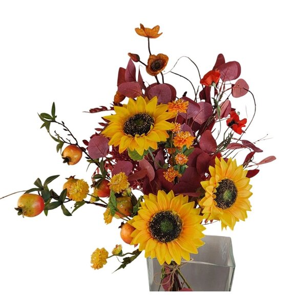 Artificial Fall Floral Arrangement Sunflowers Persimmon Red Foliage Yellow Accen - Picture 4 of 15